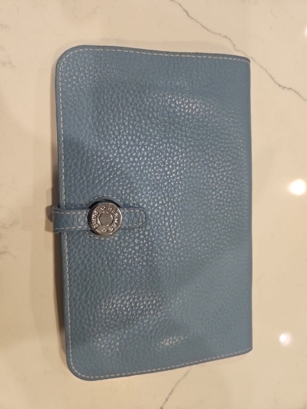 Hermes Light Blue Pebbled Leather Wallet with Snap Closure